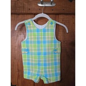 RAGS LAND -  Boy Jon Jon Romper Plaid Green Blue 18M Cotton Made in USA